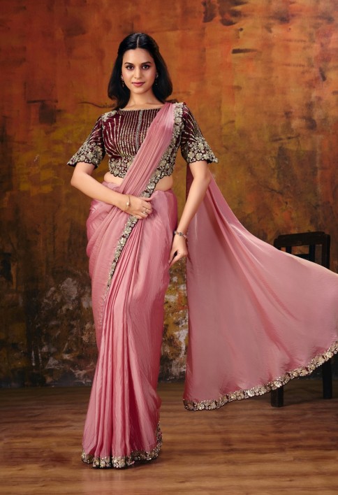 Peachy Pink Embroidered Wedding Party Designer Saree